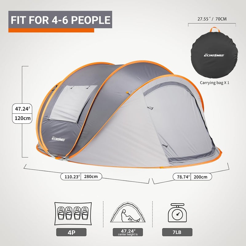 EchoSmile Instant Pop Up Camping Tent, 2/4/6 Person, Easy Setup Tent, Water Resistant Dome, Portable with Carry Bag - Image 2
